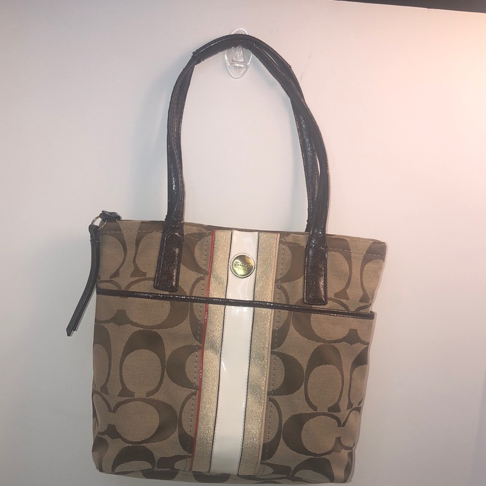 Coach F24666 Signature Multi Stripe Tote Khaki/Vermillion Multicolor EUC Rt.$268